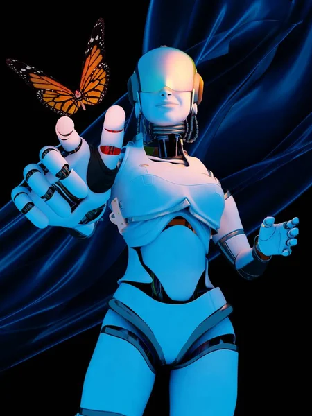 机器人和蝴蝶 3D渲染 — 图库照片