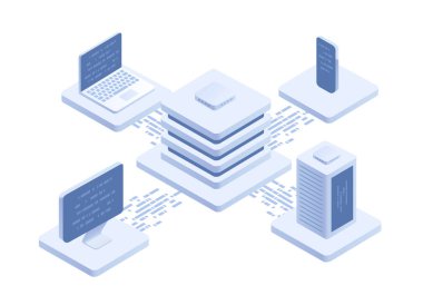 Ağ izometrik çizimi. Bilgisayar, sunucu, dizüstü bilgisayar ve akıllı telefondan sorumlu vektör dijital ağ kavramı. Veri depolama ve aygıt senkronizasyonu. 3B izometrik biçim.