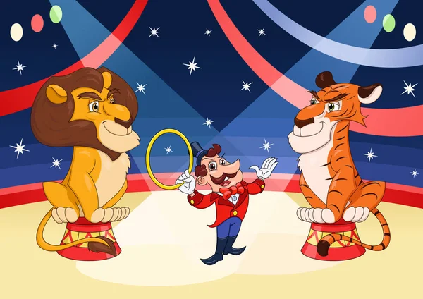 Handler med lejon och tiger på circus 2 — Stock vektor