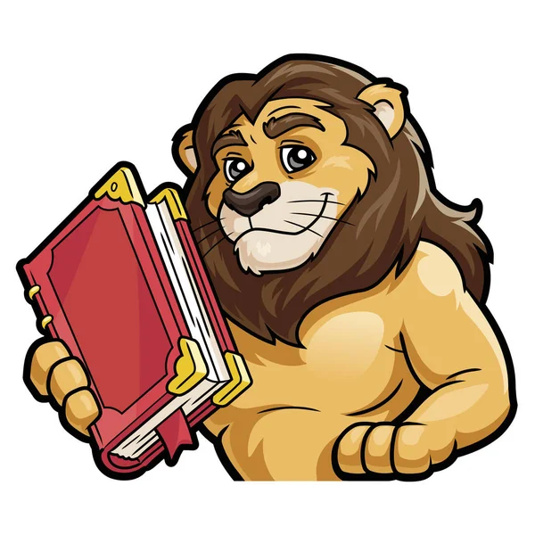 León con un gran libro sobre un fondo blanco — Vector de stock