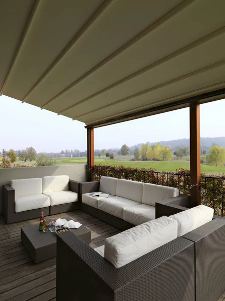 Modern fabric sofas and wicker in the  porch overlooking on the golf course — Stock Photo, Image