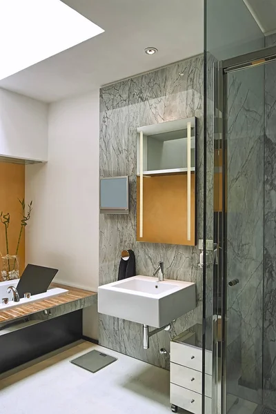 モダンなバスルームのインテリア ショット フォア グラウンドでモダンなバスルームのインテリア ショット、壁に取り付けられた洗面台 — ストック写真