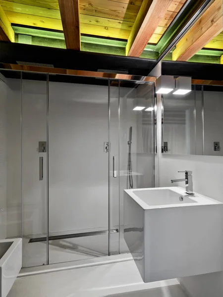 前景の近代的なバスルームのインテリアショット壁は 背景に洗面器を取り付け ガラスシャワーキュービクル — ストック写真