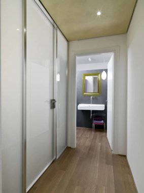 Arka planda modern bir koridorun iç çekimleri var. Banyo var. Zemin ise duvarın solunda, cam kapılı ahşaptan yapılmış.