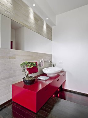 Modern bir banyonun iç çekimi ön planda kırmızı lavabo dolabı zemin ahşaptan yapılmıştır.