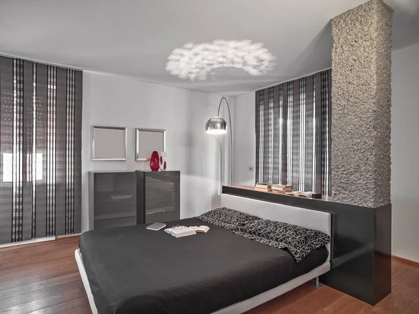 Interior Shot Modern Bedroom Bed Center Room Floor Made Wood — Stockfoto