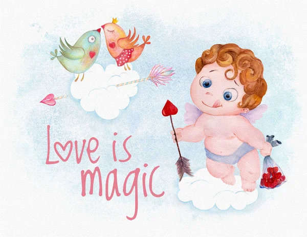 Watercolor Valentine Day cupid angel