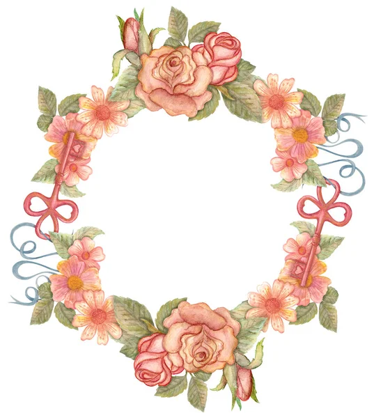 Watercolor flower wreath with keys, locks, ribbons — Stock Photo, Image