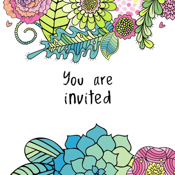 Tarjeta de invitación floral, flores y hojas — Archivo Imágenes Vectoriales