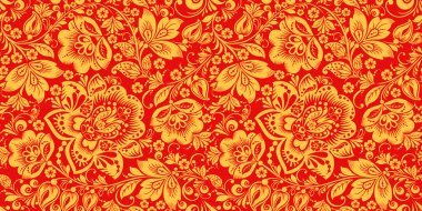 Hohloma kırmızı ve altın renkleri Dikişsiz desen