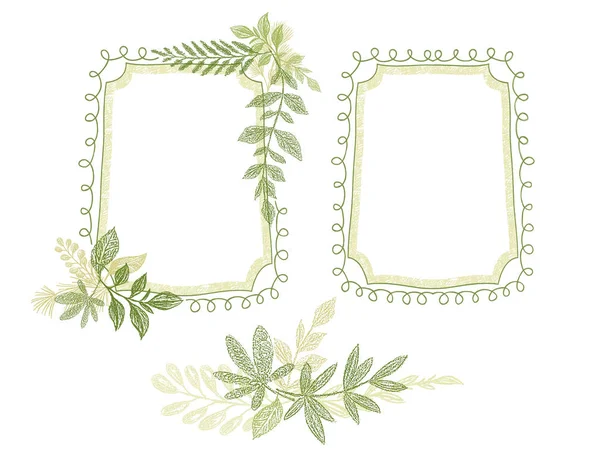 Cornice verde floreale disegnato a mano, foglie decorazione — Vettoriale Stock