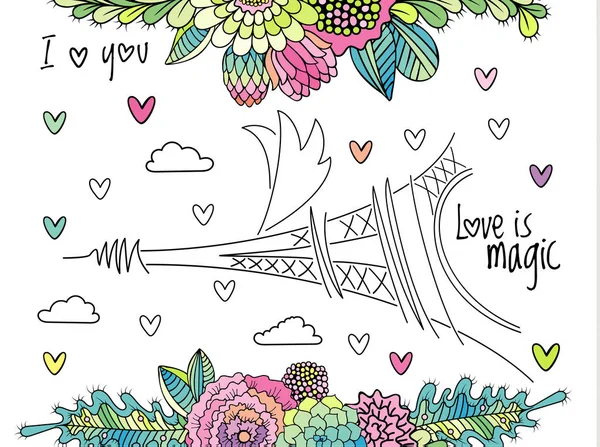 에펠 타워 벡터와 꽃 사랑 배경 — 스톡 벡터