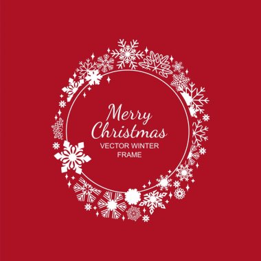 Beyaz daire kar tanesi çerçeve, kırmızı arka plan, xmas