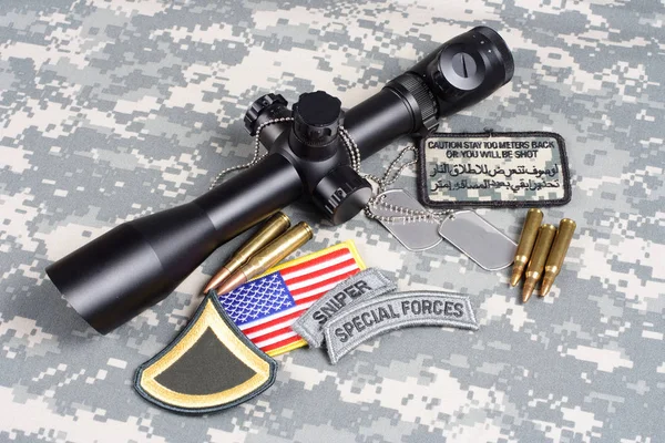 Concept Arrière Plan Army Sniper Avec Portée Insignes — Photo