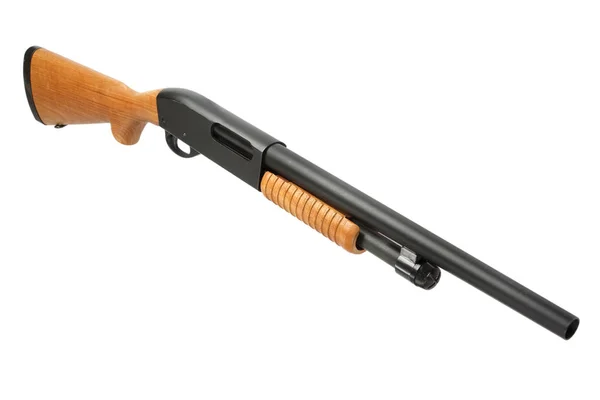 Pump action shotgun with a wooden butt  isolated on white — Stock Photo, Image