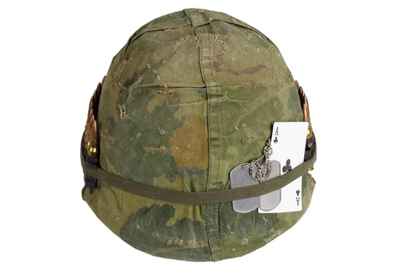 Casque Armée Américaine Période Guerre Vietnam Avec Couverture Camouflage Ceinture — Photo