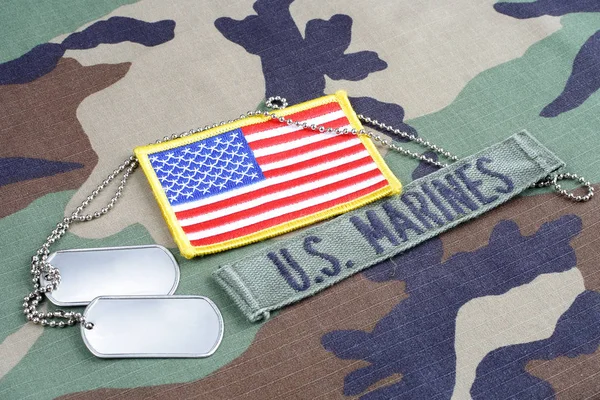 キエフ ウクライナ 2015 米海兵隊はテープ 国旗のパッチとウッドランド迷彩服に犬のタグを分岐します — ストック写真
