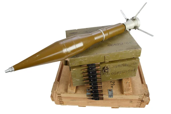 Hadsereg Doboz Lőszer Rakéta Meghajtású Gránát Elszigetelt — Stock Fotó