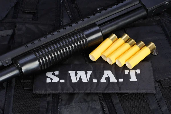 Special weapons and tactics team equipment on black background — Stock Photo, Image
