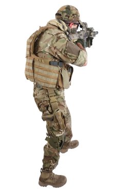 special forces operator with assault rifle on white background clipart