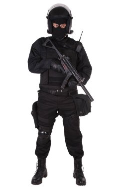 police special forces officer with submachine gun in black uniform clipart