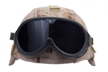 us marines kevlar helmet with desert camouflage cover and protective goggles clipart