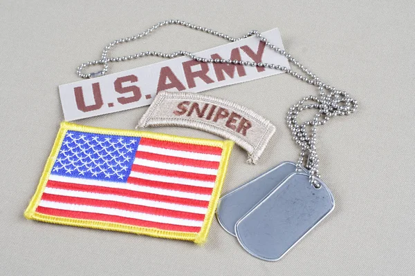 KIEV, UKRAINE - August 21, 2015. US ARMY sniper tab with dog tag and flag patch — Stock Photo, Image