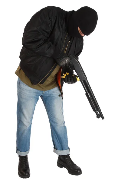 Mobster in black mask with shotgun — Stock Photo, Image