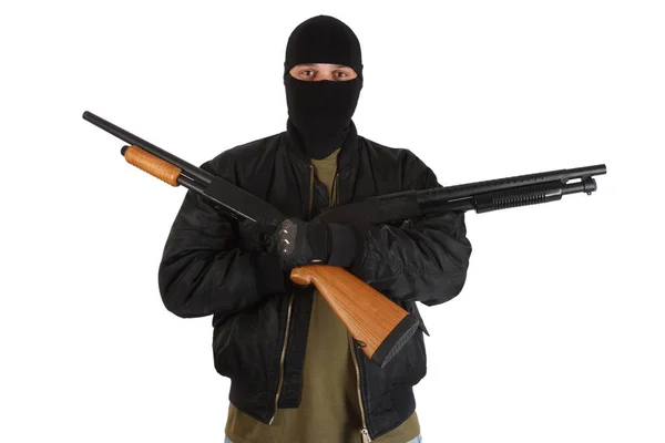 Robber in black mask with shotgun — Stock Photo, Image