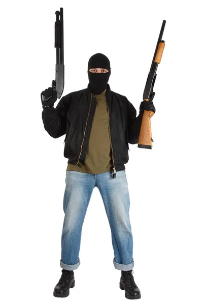 Mobster in black mask with shotgun — Stock Photo, Image