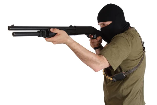 Mobster in black mask with shotgun — Stock Photo, Image