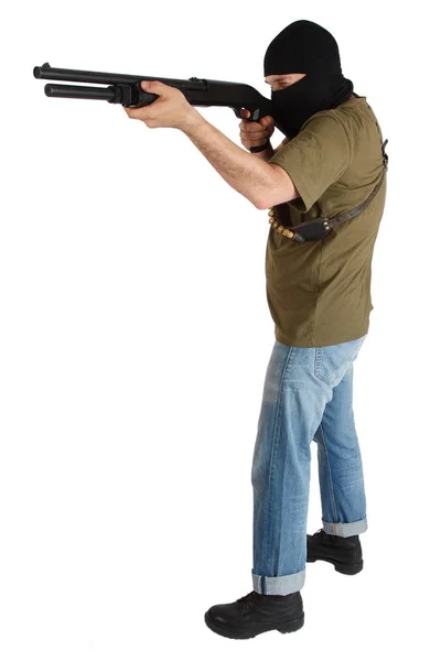 Mobster in black mask with shotgun — Stock Photo, Image