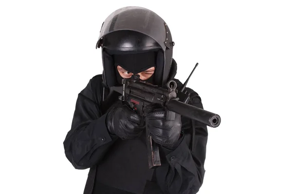 Police special forces officer with submachine gun in black uniform — Stock Photo, Image