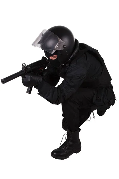 Specialstyrkor polis med kulsprutepistol i svart uniform — Stockfoto