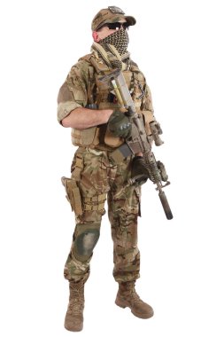 Private Military Company operator with assault rifle on white background clipart