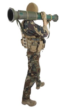 Private Military Company operator with AT4 rocket launcher isolated on white clipart