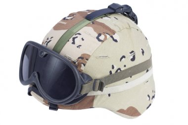 us army kevlar helmet with a desert camouflage cover and protective goggles clipart