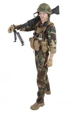 Private Military Company operator with machine gun on white background clipart