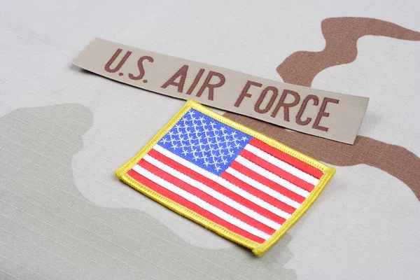 KIEV, UKRAINE - May 9, 2015. US AIR FORCE branch tape and US flag patch on desert camouflage uniform — Stock Photo, Image