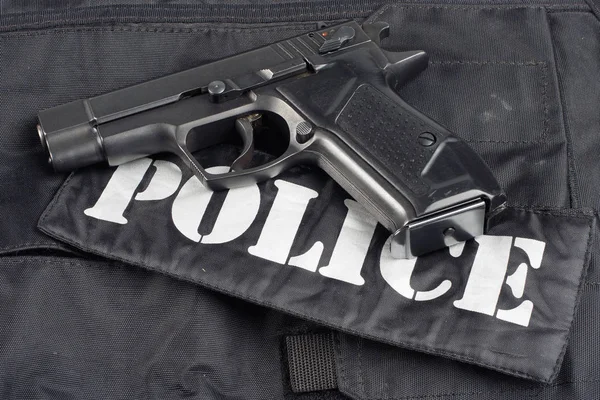 Police Concept Handgun Black Uniform Background — Stock Photo, Image