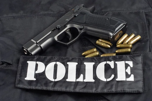 Polícia Pistola Preto Uniforme Fundo — Fotografia de Stock