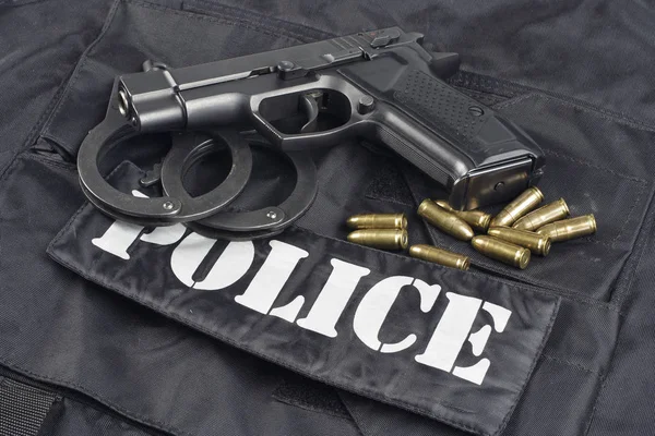 Concetto Polizia Pistola Sfondo Uniforme Nero — Foto Stock