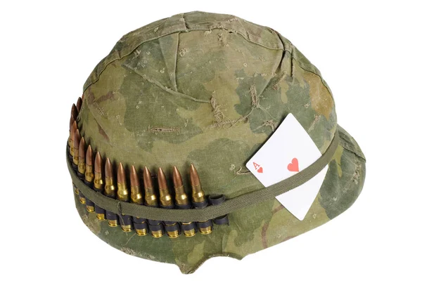 Army Helmet Vietnam War Period Camouflage Cover Ammo Belt Amulet — Stock Photo, Image