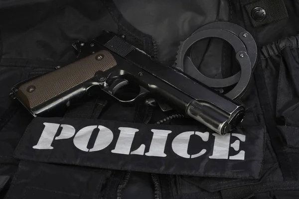 Ειδικά Όπλα Και Τακτικές Αστυνομίας Ομάδα Εξοπλισμού Μαύρο Φόντο — Φωτογραφία Αρχείου