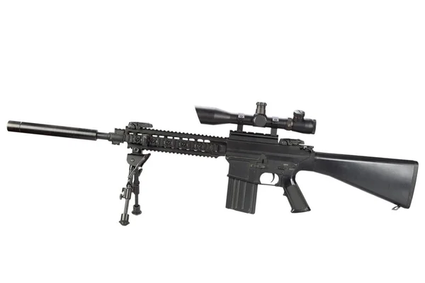 Sniper Rifle Bipod Geluiddemper Geïsoleerd Een Witte Achtergrond — Stockfoto