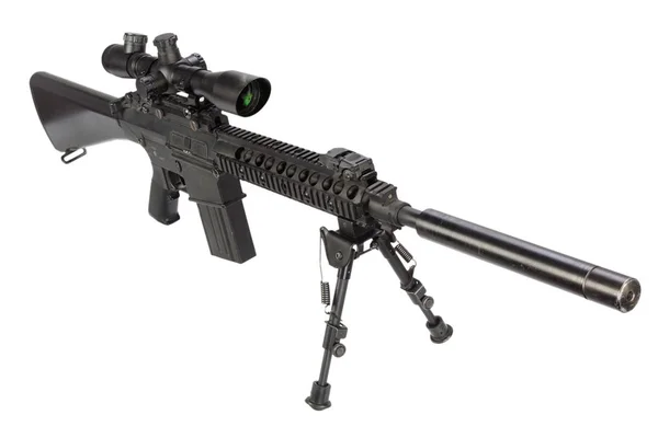 Sniper Rifle Bipod Geluiddemper Geïsoleerd Een Witte Achtergrond — Stockfoto