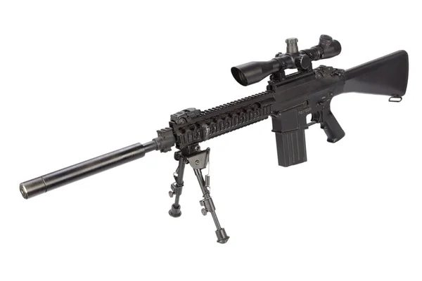Снайперська Гвинтівка Біподом Глушником Ізольована Білому Тлі — стокове фото