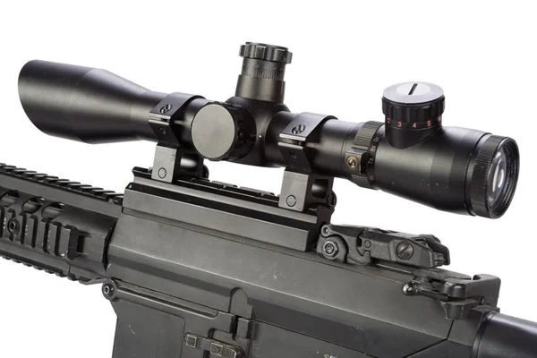 Rifle Sniper Com Bipé Silenciador Isolado Fundo Branco — Fotografia de Stock