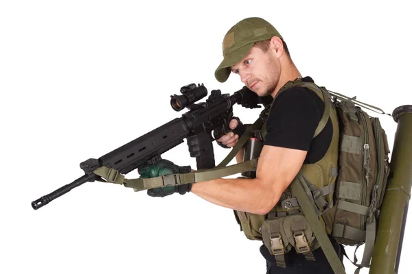 Contratista Militar Privado Fusilero Con Rifle M16 Aislado Blanco —  Fotos de Stock