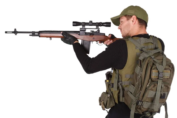Privater Militärunternehmer Söldner Mit M14 Scharfschützengewehr Isoliert Auf Weiß — Stockfoto